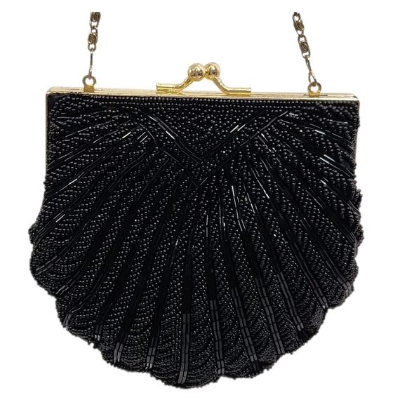 VTG BLACK HAND BEADED EVENING PURSE BAD CLUTCH CLAM SHELL DATE WEDDING PROM GOLD - Picture 1 of 13